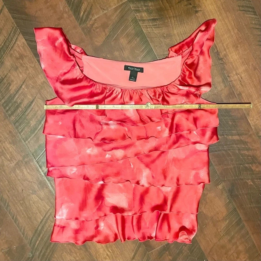 White House Black Market Pink/Coral Watercolor Ruffle Sleeveless Blouse, L - Picture 9 of 9